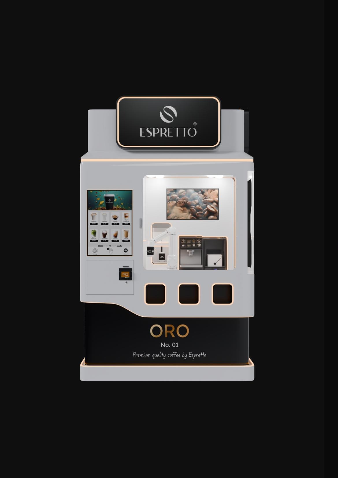ORO No. 01 kiosk product shot showing the robotic barista, dual screens, and signature gold and black design