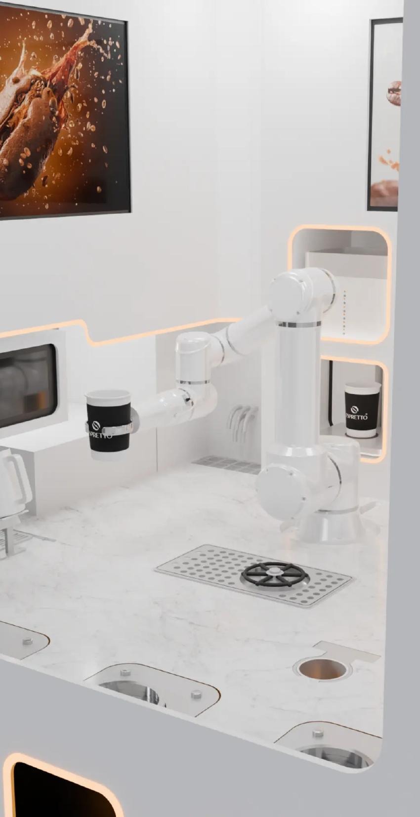 Six-axis robotic arm holding a freshly prepared Espretto branded cup
